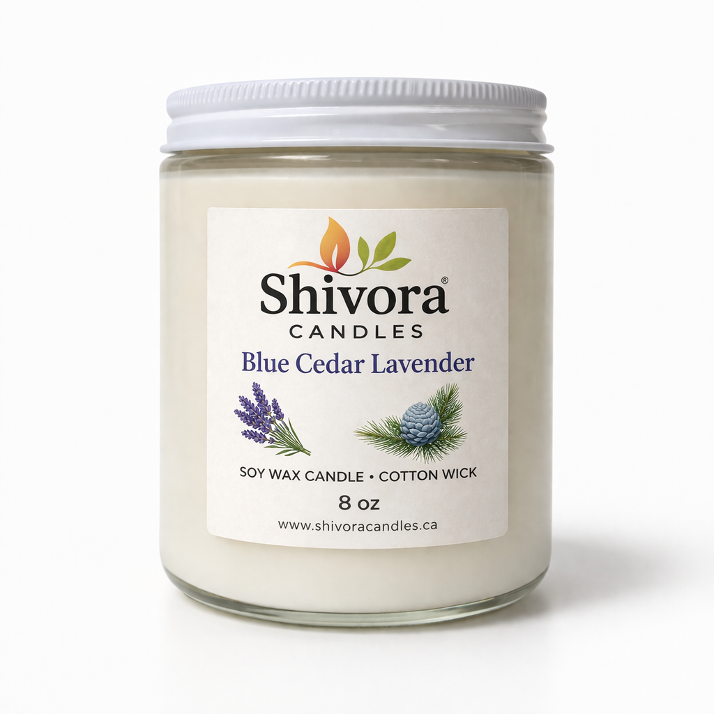 Blue Cedar & Lavender Soy Candle 8 oz White Jar – Handmade Soy Candle Made in Canada with Cotton Wick | Shivora Candles